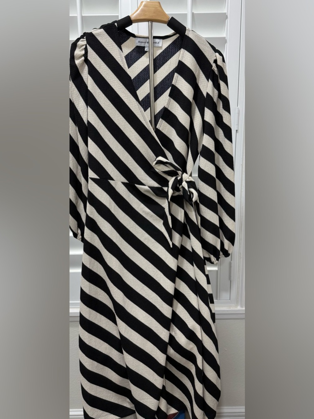 Emma & Michele Black and White Diagonal Striped Wrap Dress